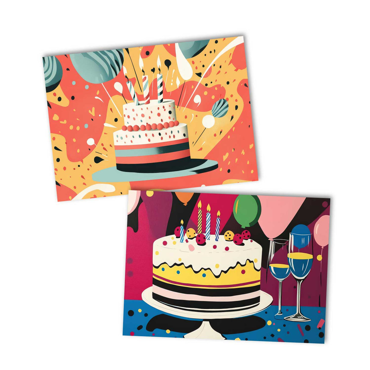 Retro Geburtstagskarten Set – 12 moderne Designs mit Torten Party-Design – Klappkarten oder Postkarten im Mid-Century Look