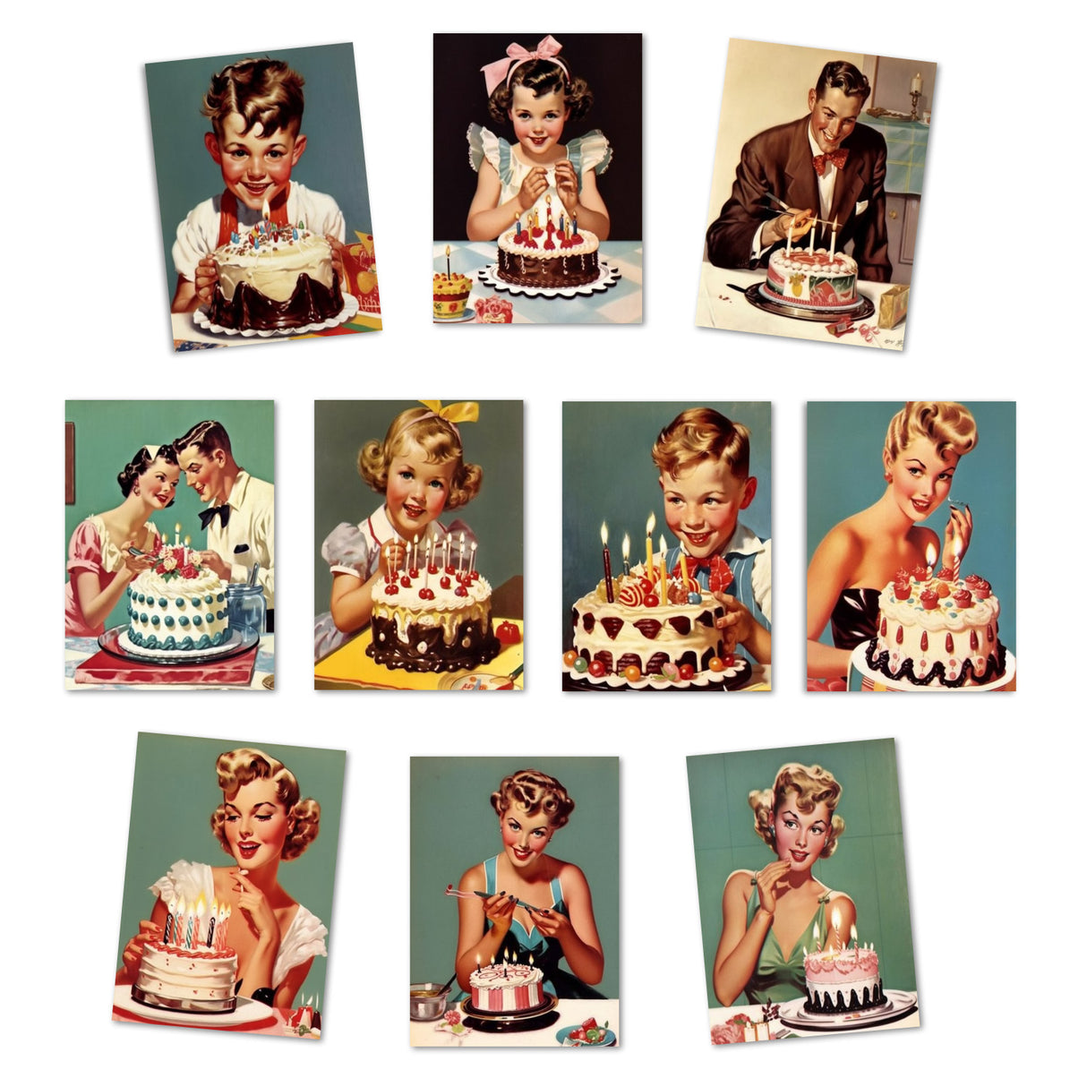 Vintage 50 Style Geburtstagskarten - Grußkarten Set (10 Karten) | Acryl Look im 50s Style | Postkarte oder Klappkarte | Acyrlmalerei