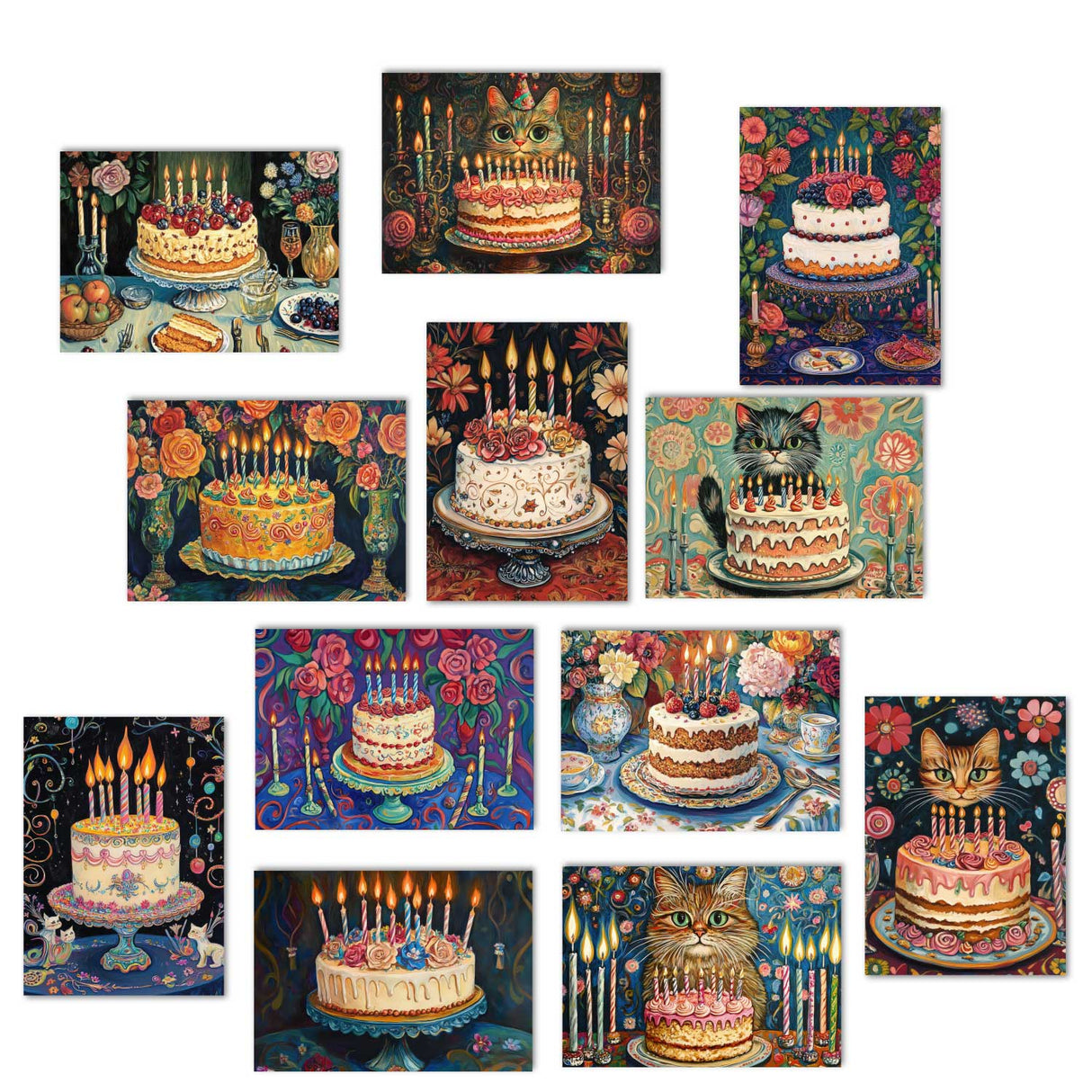 Geburtstagskarten Set mit Kuchen und Katzen – 12 bunte Grußkarten im A6 Format