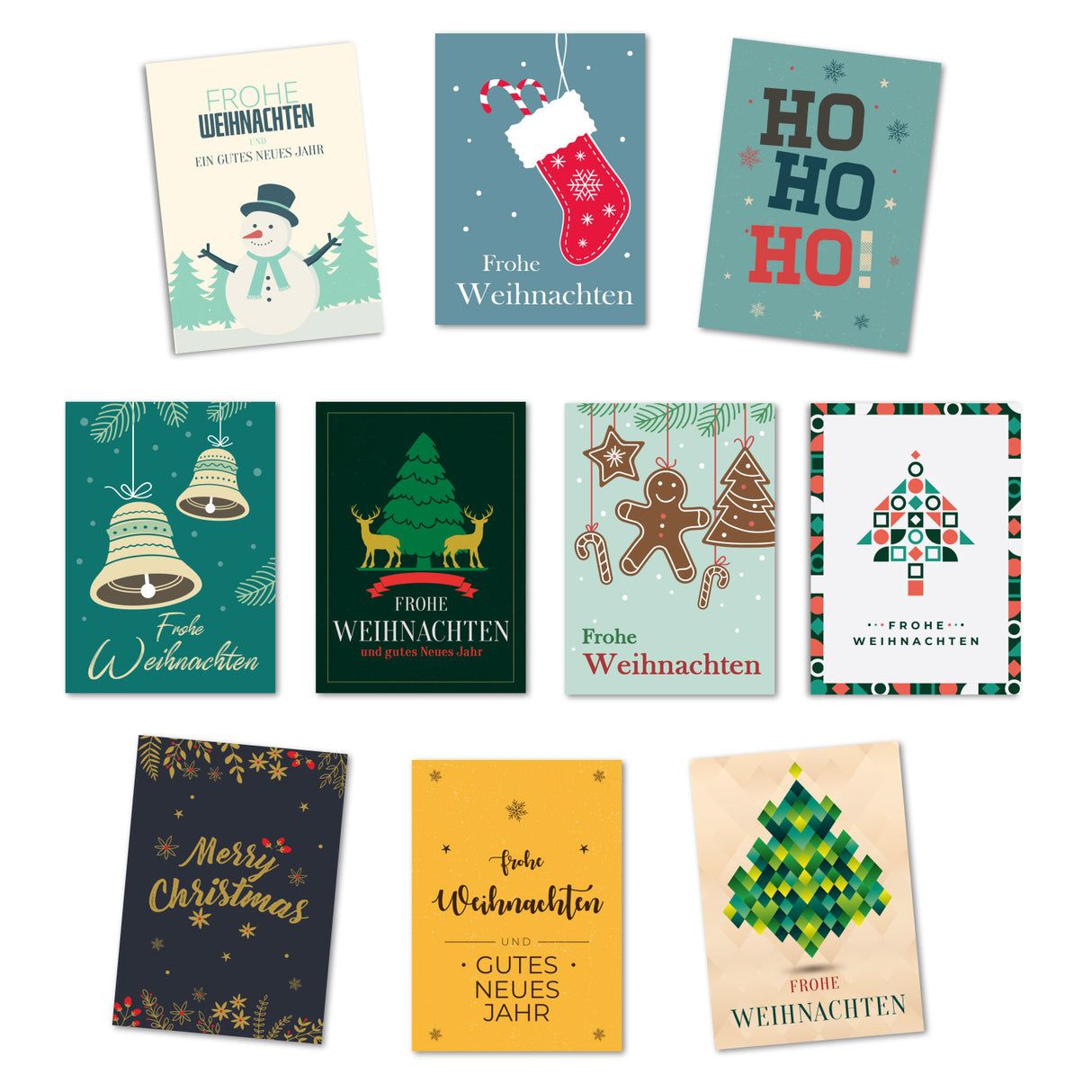 Klassische Weihnachts-, Grußkarten Set (10 Karten) | Grafische Weihnachtskarten | Geschenk | Grußbotschaft | Postkarte | minimalistisch Weihnachtsfest