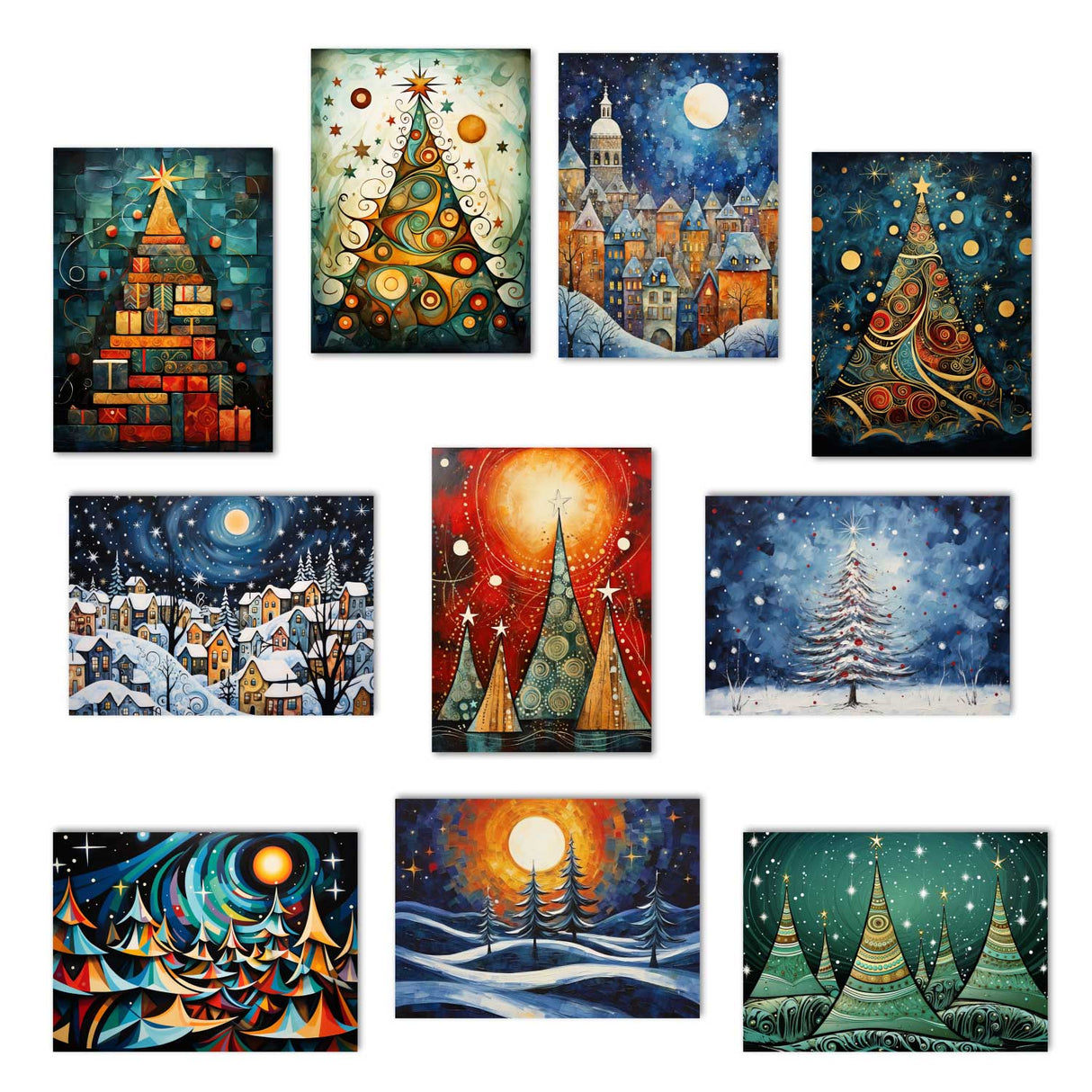 Weihnachten Grußkarten Set V2 (10 Karten) | Kunstvolle Weihnachts Karten | Geschenk | Karte mit Grußbotschaft | Postkarte oder Klappkarte