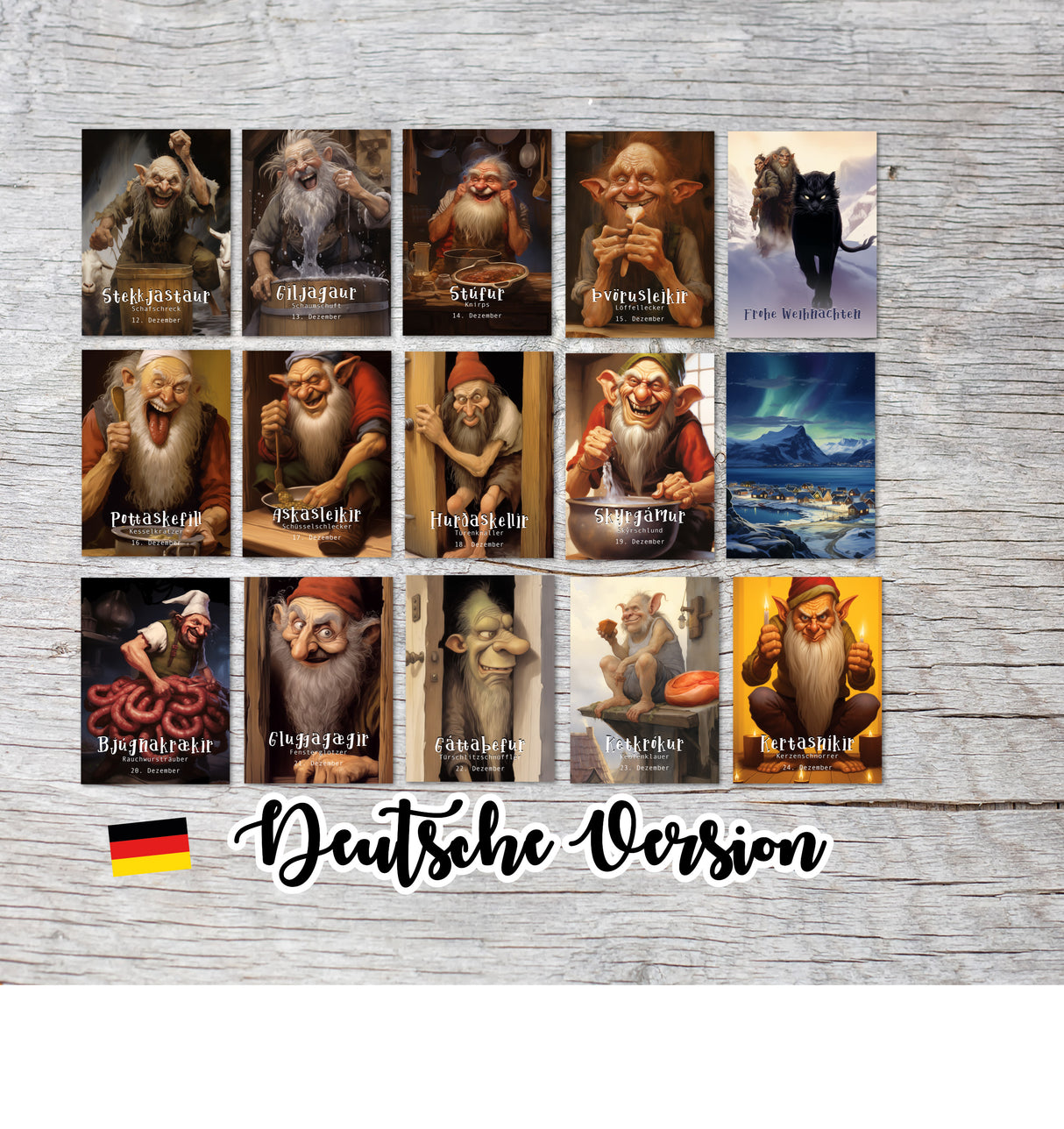 Islands Yule Lads Karten Set A6 (15 Cards) Isländische Weihnachtsmänner I Weihnachtsbuben I Weihnachtstrolle I Humorvolle Folklore Karten
