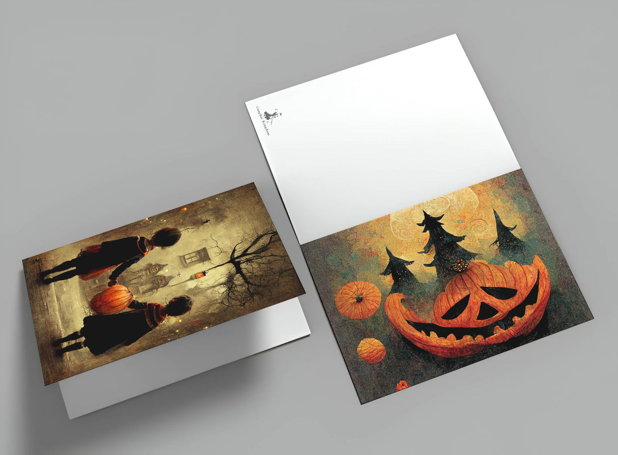 8 Halloween Grußkarten | Kunstvolle Halloween Karten | Geschenk | Karte mit Grußbotschaft | Postkarte | Kürbis Karten