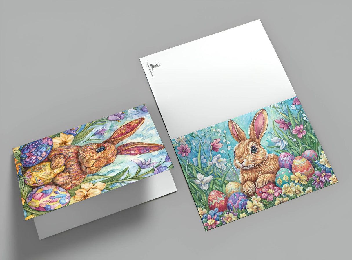 Oster Grußkarten Set (12 Karten) | Osterhasen und Blumen im Aquarell Look | Geschenk | Wanddekoration | Postkarten, Klappkarten Ostermotive