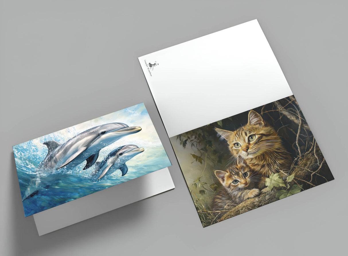 Tiere Safari mit Tierbaby Postkarten A6 Set (12 Cards) I Grußkarten und Geburtstagskarten I Pinguin Löwe Tiger Panda Pferd Affe Kuh Katze