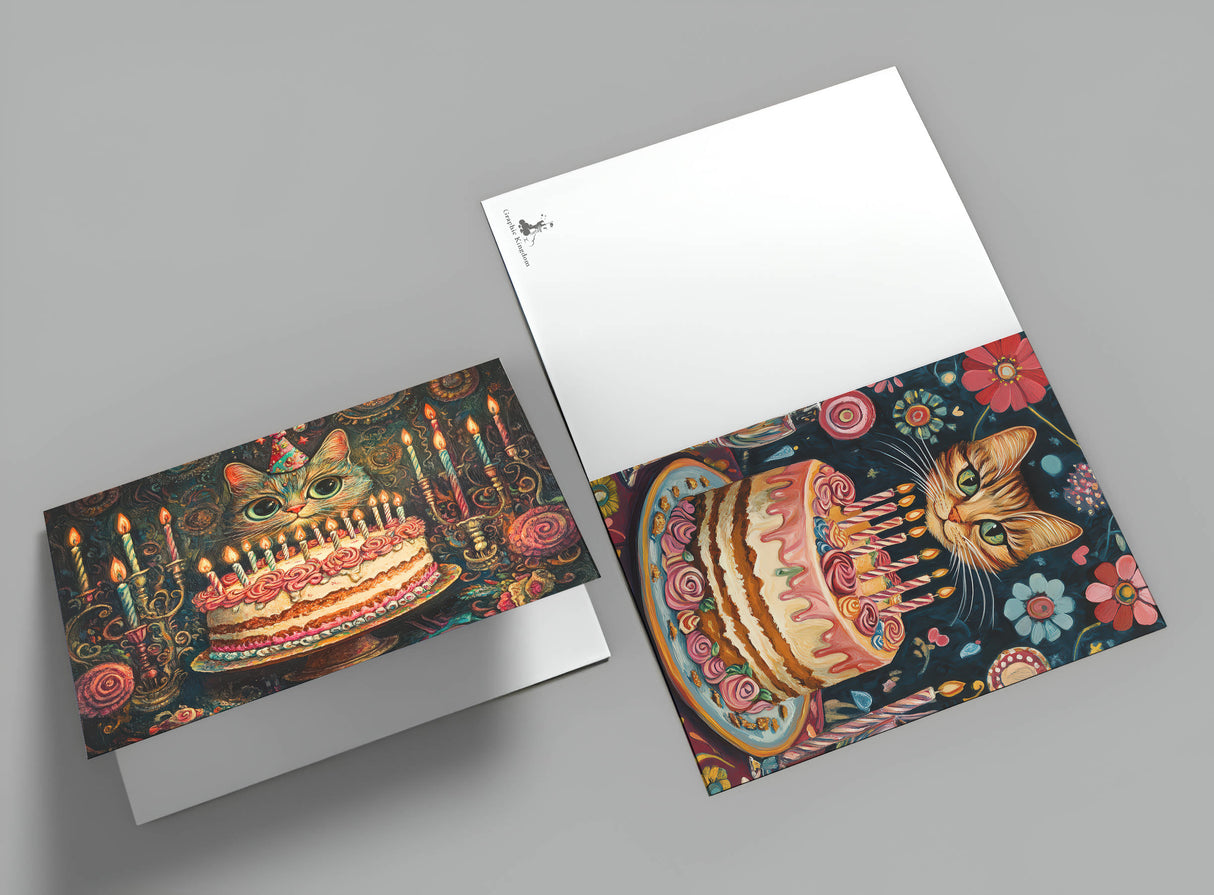 Geburtstagskarten Set mit Kuchen und Katzen – 12 bunte Grußkarten im A6 Format