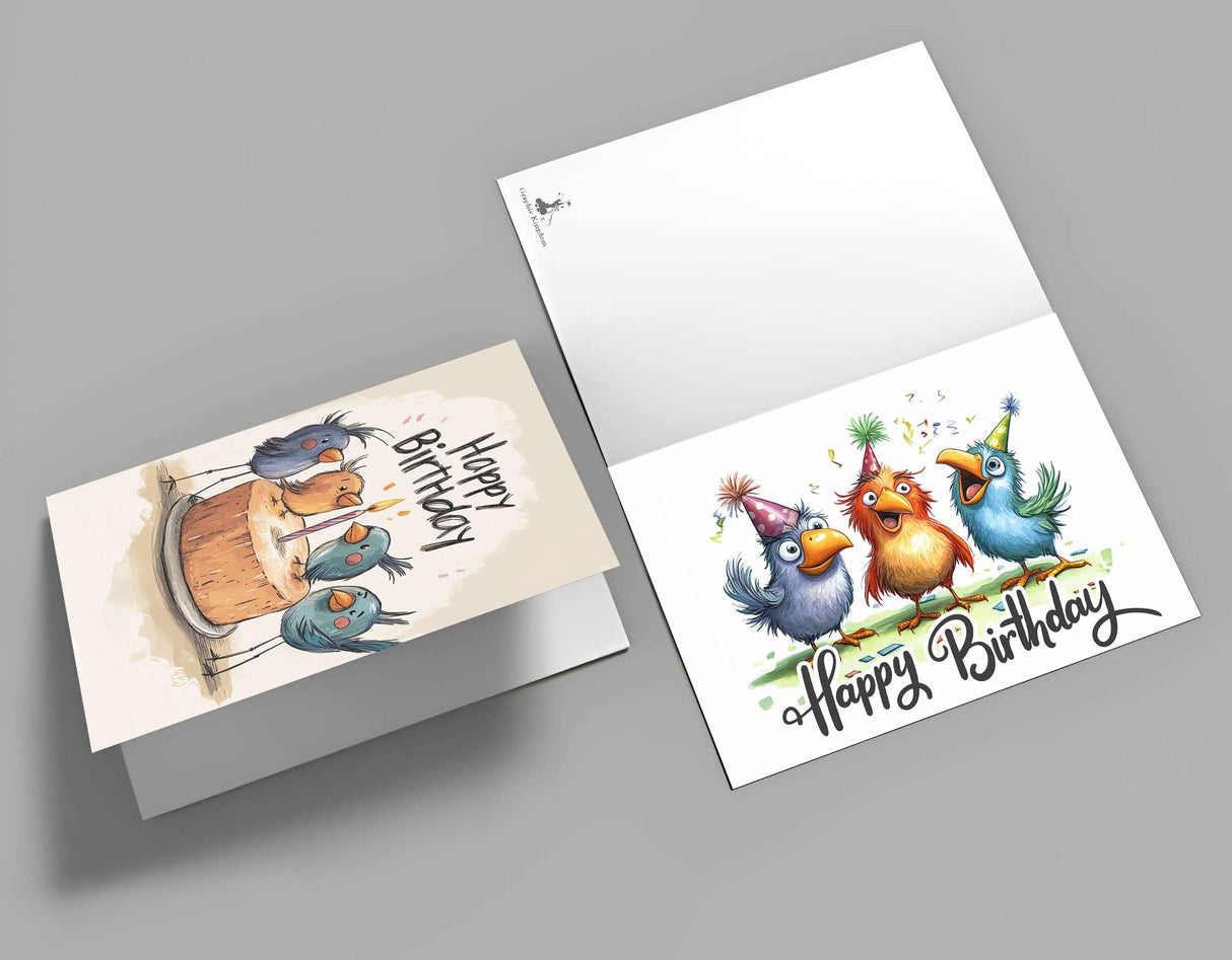 Lustige Geburtstags Grußkarten Set (10 Karten) | Humorvolle Vogel Karten zum Geburtstag | Grußbotschaft im lustig Comic Style